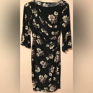 Chaps black cream floral midi dress size XS